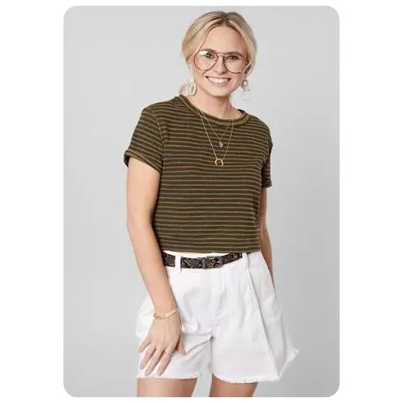 * We The Free People Sabrina Army Combo Stripe Short Sleeve Shirt sz S - Picture 1 of 7
